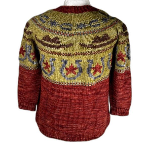 Cowboy Sweater Unisex Sx M Red/Tan Yarn Western Style Theme - Picture 2 of 5